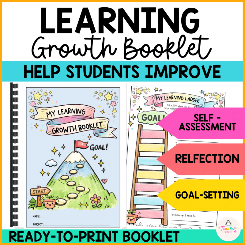 Student Growth Booklet | Self Assessment, Reflection & Goal Setting Help your students take ownership of their learning with this simple, structured student growth booklet designed for self-assessment, reflection, and goal setting. This student self assessment journal supports students to identify their current level, reflect on their work, and set clear next-step goals — all within a consistent, easy-to-follow routine. Perfect for use across maths, writing, and other subject areas, this booklet helps students understand what they are doing well and what they need to do to improve. How it supports your classroom: • Builds student independence and ownership • Supports formative assessment and progress tracking • Encourages meaningful reflection and goal setting • Provides structure for student–teacher conferencing • Helps students move from “finished” to “improved” What makes this different? Instead of relying on vague feedback like “add more,” students are guided to: • identify their level • explain their thinking using evidence • set a clear next step for improvement Over time, this creates a powerful learning routine that leads to real student growth. 💡 This booklet works best alongside success criteria or a Bump It Up Wall, where students can see clear examples of different levels of work and better understand what to aim for. Perfect for: • Upper primary / elementary classrooms • Maths and writing lessons • Formative assessment routines • Student reflection and goal-setting systems Make student progress visible, structured, and meaningful with this Learning Growth Booklet.